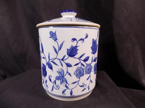 8” deals Vintage Blue & White Ceramic BISCUITS Jar & Lid