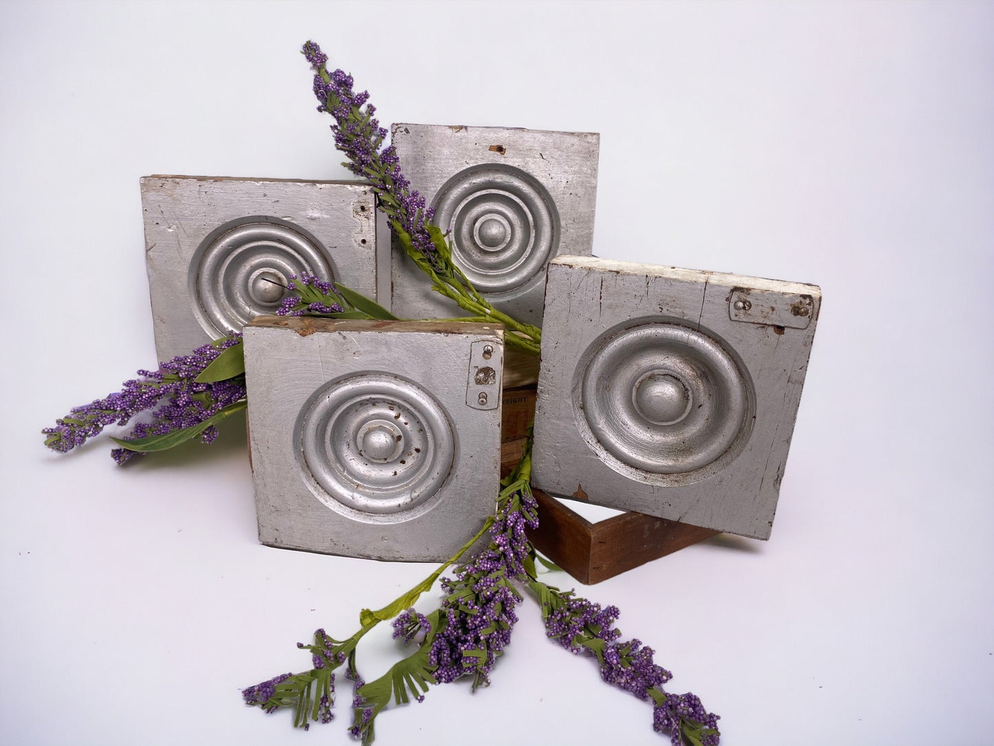 4 Plinth Blocks, Antique Bullseye Rosettes, Architectural Salvage Wood Trim C77