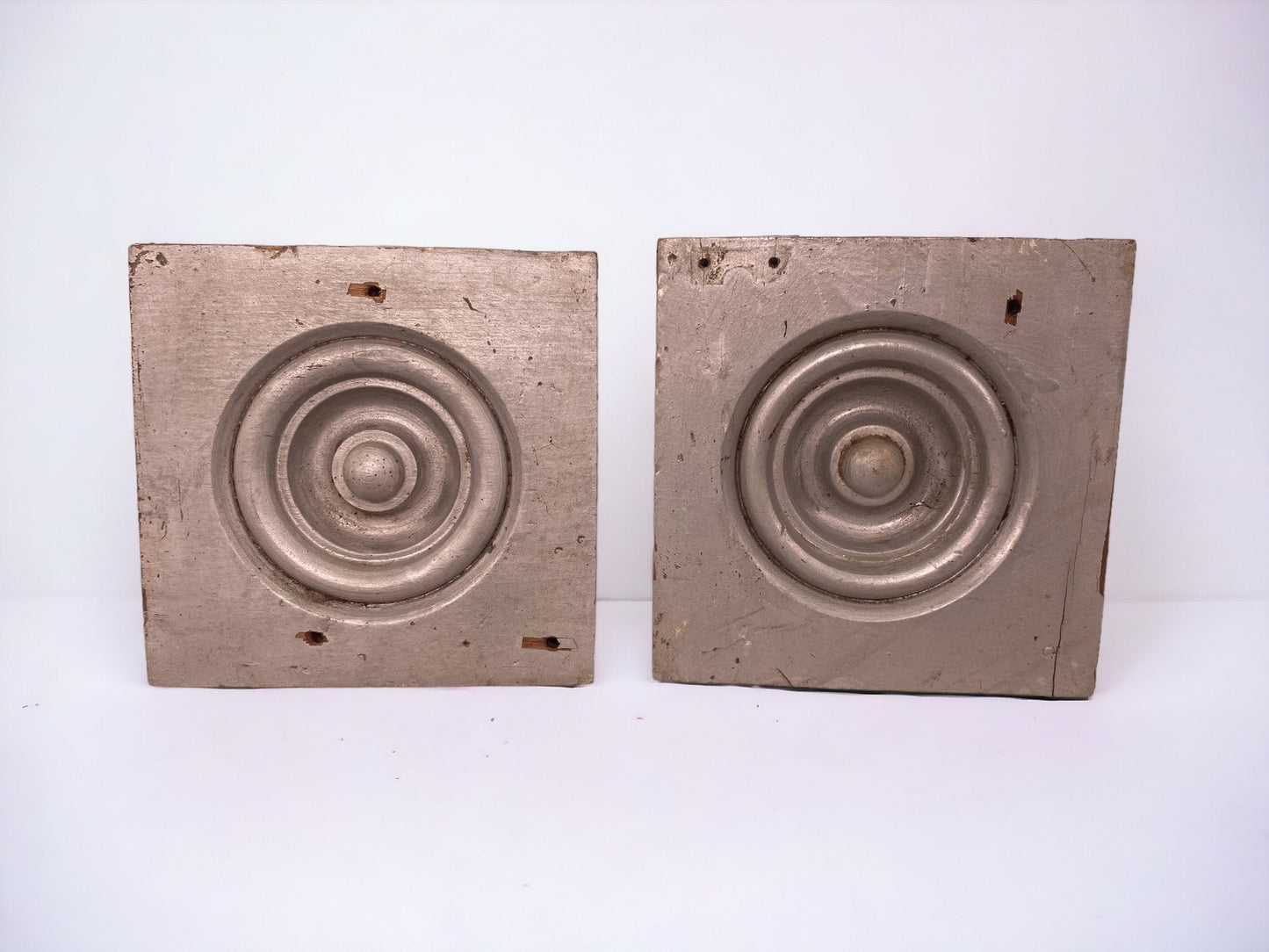 4 Plinth Blocks, Antique Bullseye Rosettes, Architectural Salvage Wood Trim C77