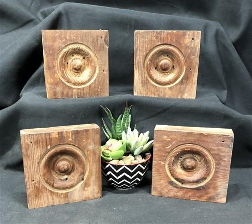 4 Plinth Blocks, Antique Bullseye Rosettes, Architectural Salvage Wood Trim C86,