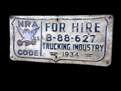 1934 NRA Code License Plate, National Recovery Act Trucking Industry Plate,