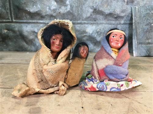 Skookum Dolls, Native American Indian, Chief Squaw Papoose, Canoe, Vintage Dolls