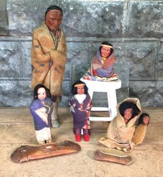 Skookum Dolls, Native American Indian, Chief Squaw Papoose, Canoe, Vintage Dolls