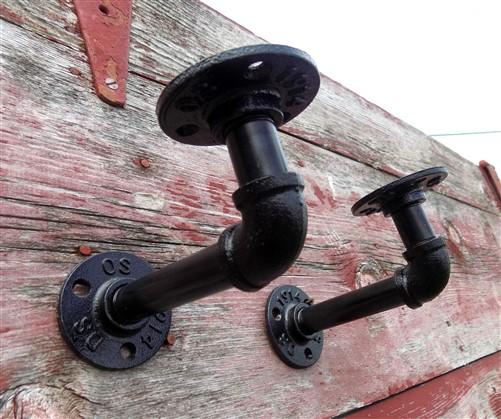 Pair Pipe Brackets, Floating Shelf Mantel Hardware, Rustic Industrial Decor