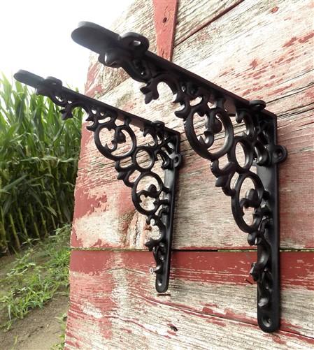 Pair Cast Iron Shelf Brackets, 8 inch Art Deco Ornate Clock Shelf Hardware, A