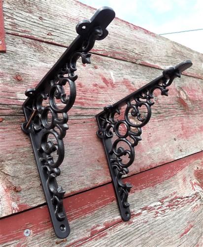 Pair Cast Iron Shelf Brackets, 8 inch Art Deco Ornate Clock Shelf Hardware, A