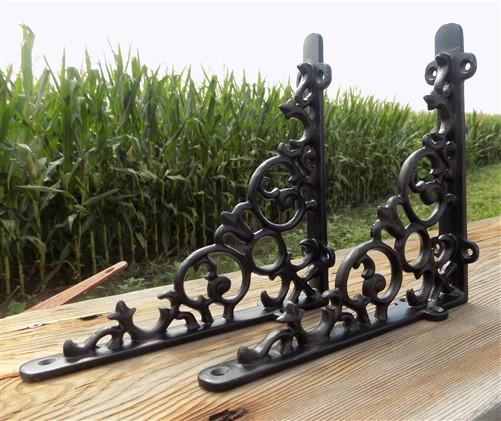 Pair Cast Iron Shelf Brackets, 8 inch Art Deco Ornate Clock Shelf Hardware, A