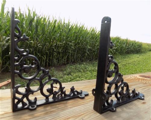 Pair Cast Iron Shelf Brackets, 8 inch Art Deco Ornate Clock Shelf Hardware, A