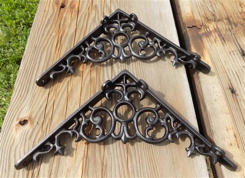 Pair Cast Iron Shelf Brackets, 8 inch Art Deco Ornate Clock Shelf Hardware, A