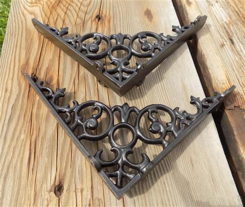 Pair Cast Iron Shelf Brackets, 8 inch Art Deco Ornate Clock Shelf Hardware, A