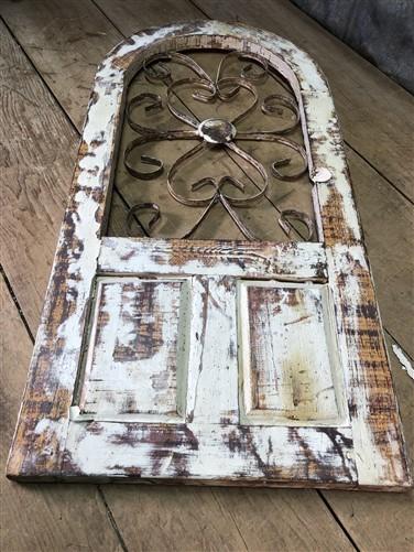 White Rounded Metal Wood Window Frame, Distressed Architectural Rustic Decor A,