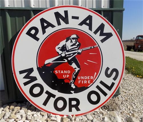 Pan Am Motor Oils Sign, Double Sided Metal Porcelain Advertising Sign, Gas Oil