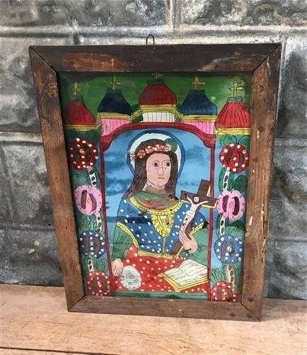 Reverse Glass Painting, Vintage Religious Icon, Hungary Folk Art Jesus Mary B,