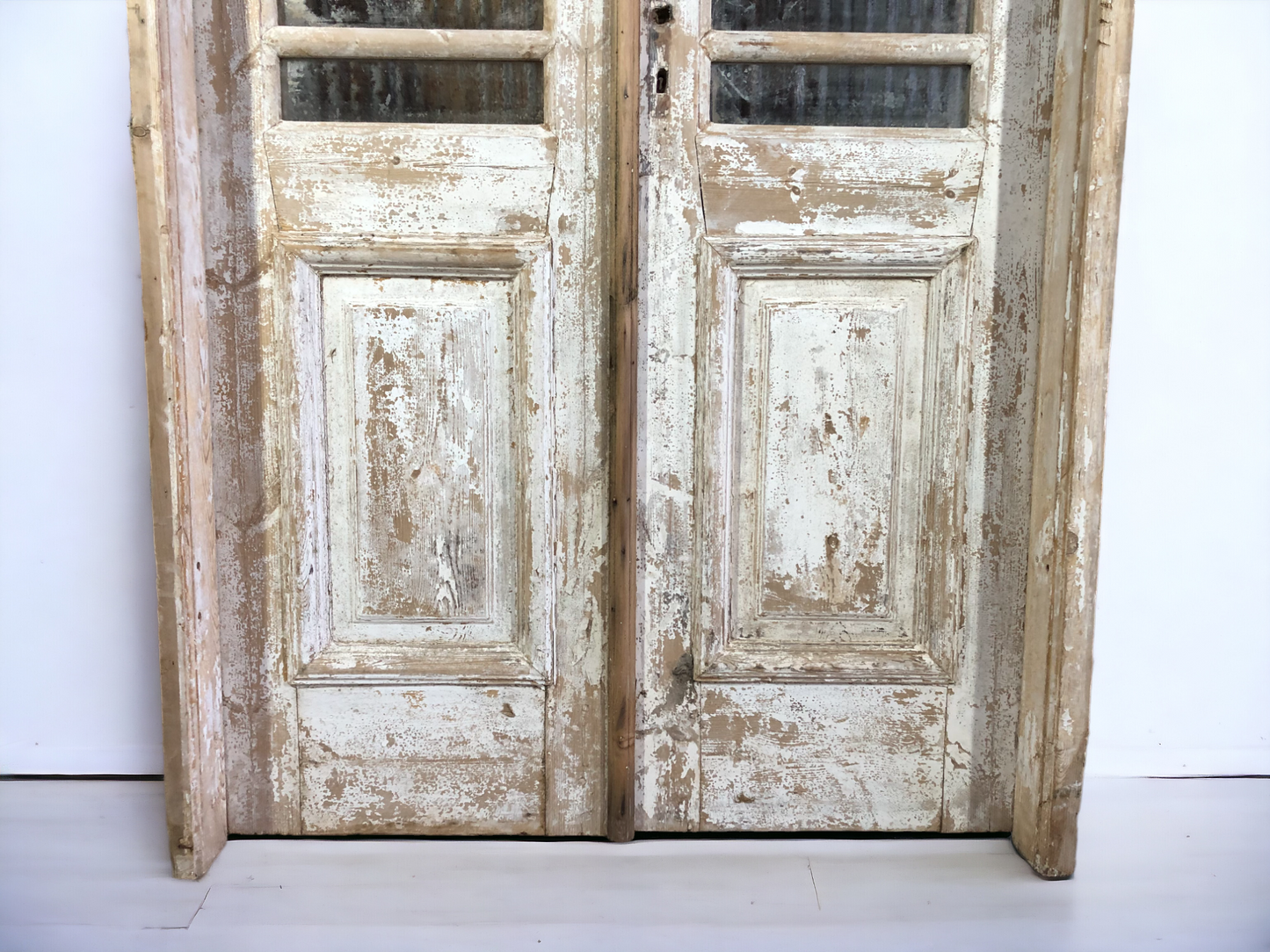 Antique Encased French Double Doors (46x102) 5 Pane Glass European Door Jamb S7