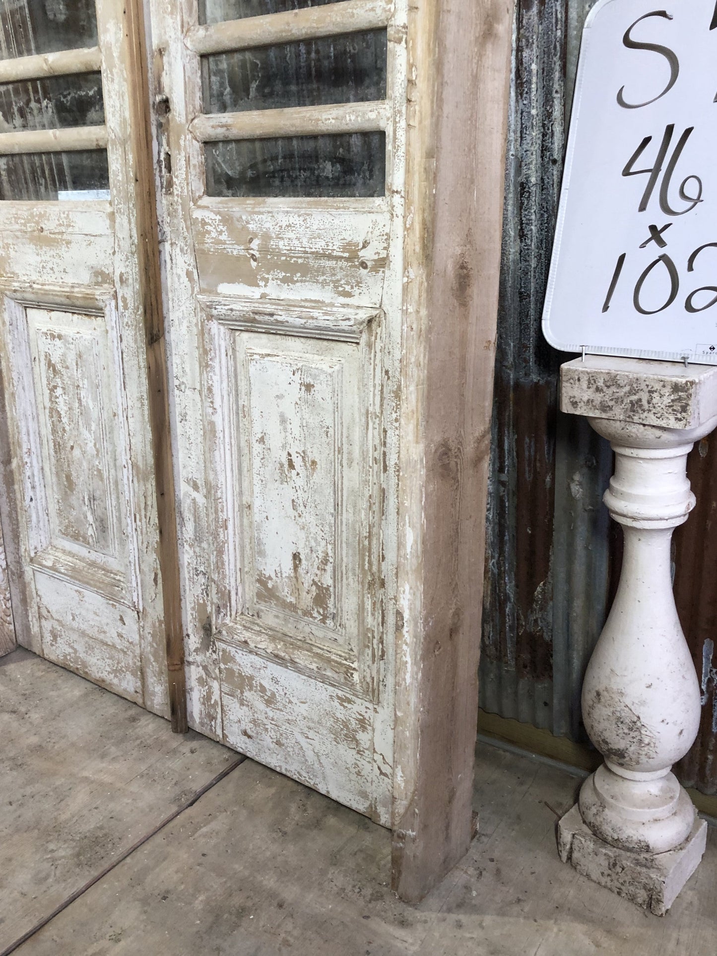 Antique Encased French Double Doors (46x102) 5 Pane Glass European Door Jamb S7