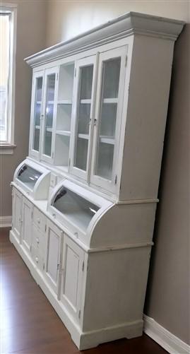 Curved Door White Wood Kitchen Hutch Cabinet, Pantry Cupboard, Storage H