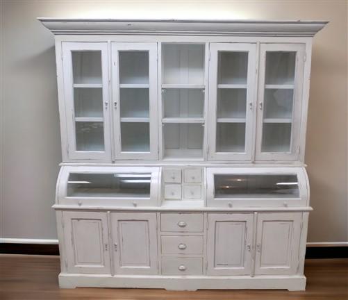 Curved Door White Wood Kitchen Hutch Cabinet, Pantry Cupboard, Storage H