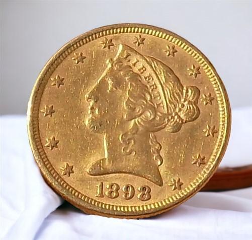 1898 Liberty Head $5 Gold Coin, Half Eagle with Motto, United States Gold Coin A