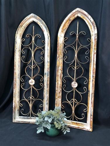 Pair Arched Wood Metal Gothic Window Frames, (12x36.5) Distressed Wall Decor, A