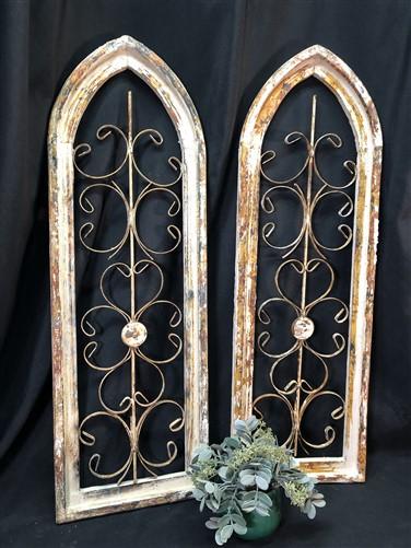 Pair Arched Wood Metal Gothic Window Frames, (12x36.5) Distressed Wall Decor, A