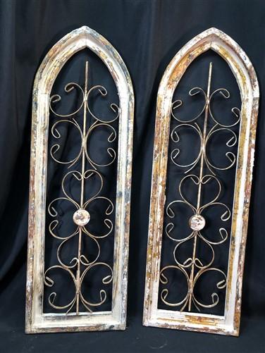 Pair Arched Wood Metal Gothic Window Frames, (12x36.5) Distressed Wall Decor, A