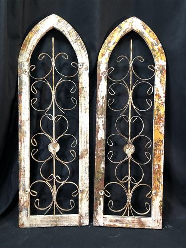 Pair Arched Wood Metal Gothic Window Frames, (12x36.5) Distressed Wall Decor, A