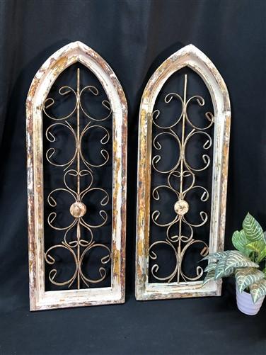 Pair Arched Wood Metal Gothic Window Frames, (12x33) Distressed Wall Decor, B