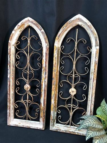 Pair Arched Wood Metal Gothic Window Frames, (12x33) Distressed Wall Decor, B