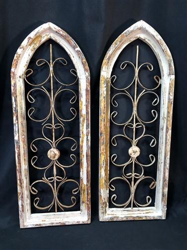 Pair Arched Wood Metal Gothic Window Frames, (12x33) Distressed Wall Decor, B