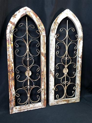 Pair Arched Wood Metal Gothic Window Frames, (12x33) Distressed Wall Decor, B