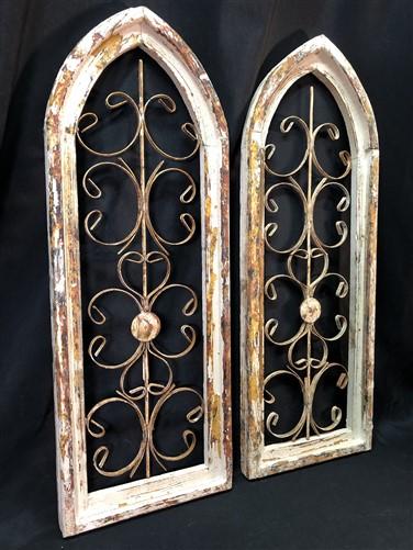 Pair Arched Wood Metal Gothic Window Frames, (12x33) Distressed Wall Decor, B