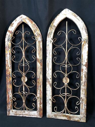 Pair Arched Wood Metal Gothic Window Frames, (12x33) Distressed Wall Decor, B