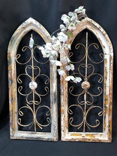 Pair Arched Wood Metal Gothic Window Frames, (12x29) Distressed Wall Decor, C