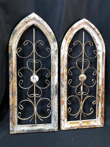 Pair Arched Wood Metal Gothic Window Frames, (12x29) Distressed Wall Decor, C