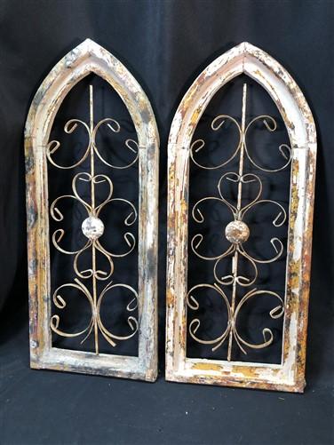 Pair Arched Wood Metal Gothic Window Frames, (12x29) Distressed Wall Decor, C