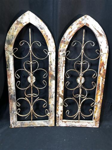 Pair Arched Wood Metal Gothic Window Frames, (12x29) Distressed Wall Decor, C