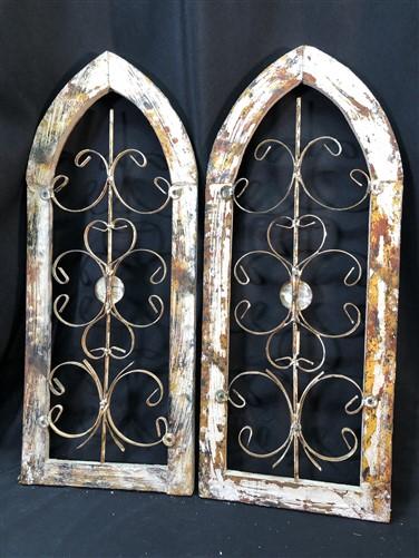 Pair Arched Wood Metal Gothic Window Frames, (12x29) Distressed Wall Decor, C