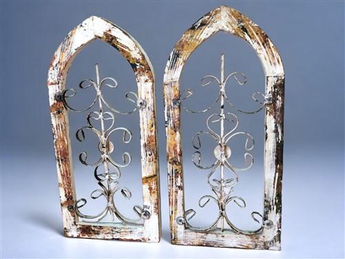 Pair Arched Wood Metal Gothic Window Frames, (10x21.5) Vintage Inspired, B