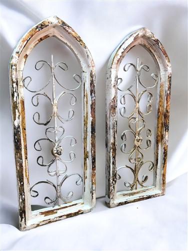 Pair Arched Wood Metal Gothic Window Frames, (10x25.5) Vintage Inspired, C