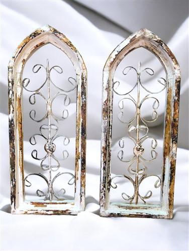 Pair Arched Wood Metal Gothic Window Frames, (10x25.5) Vintage Inspired, C