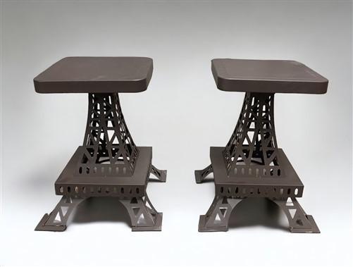 Pair Eiffel Tower Seats, Paris France, Metal Patio Furniture, Square Top