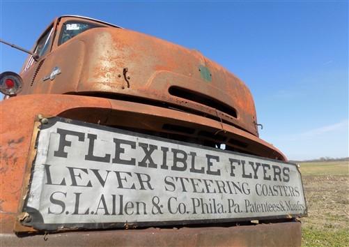 1880s-90s Flexible Flyer Sleds Sign, 2 Sided Canvas on Wood Advertising Sign,