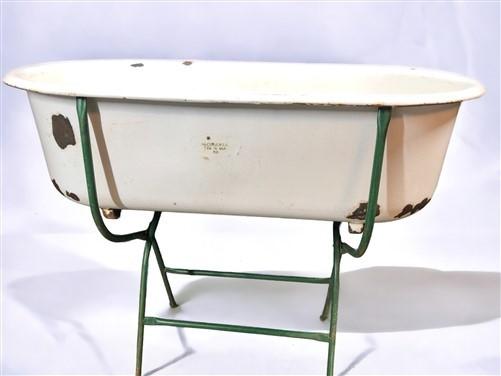 Vintage Hungarian Porcelain Baby Bath Tub w/Stand, Farmhouse Garden Planter A4,