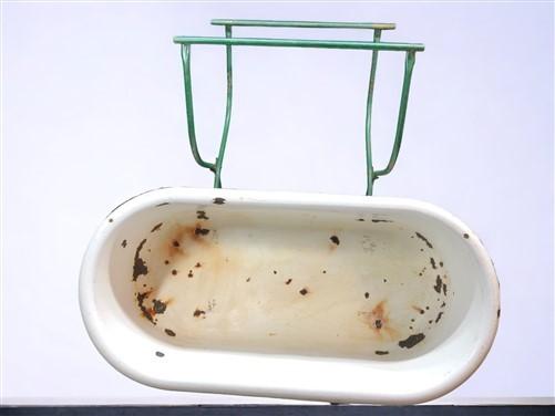 Vintage Hungarian Porcelain Baby Bath Tub w/Stand, Farmhouse Garden Planter A4,