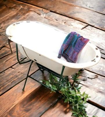 Vintage Hungarian Porcelain Baby Bath Tub w/Stand, Farmhouse Garden Planter A3,