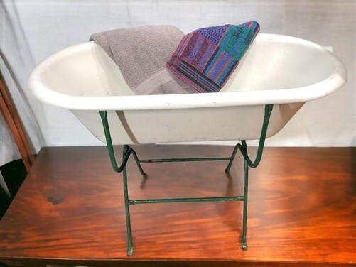 Vintage Hungarian Porcelain Baby Bath Tub w/Stand, Farmhouse Garden Planter A7,