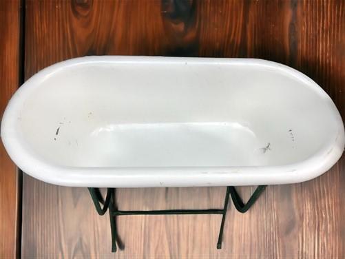 Vintage Hungarian Porcelain Baby Bath Tub w/Stand, Farmhouse Garden Planter A7,