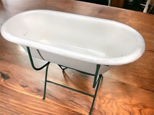 Vintage Hungarian Porcelain Baby Bath Tub w/Stand, Farmhouse Garden Planter A7,