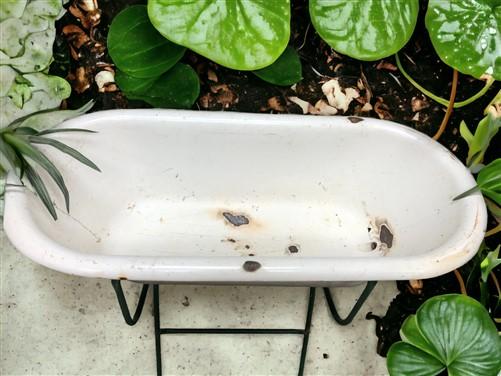 Vintage Hungarian Porcelain Baby Bath Tub w/Stand, Farmhouse Garden Planter A12,