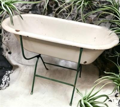 Vintage Hungarian Porcelain Baby Bath Tub w/Stand, Farmhouse Garden Planter A12,